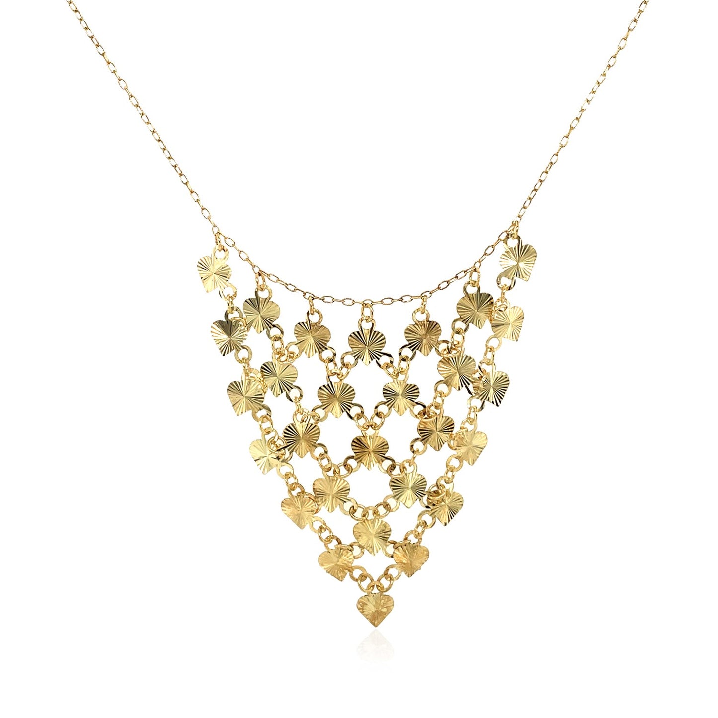 14k Yellow Gold Bib Style Textured Hearts Necklace